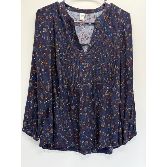 Old Navy Women’s SP Navy Boho Floral Pintuck Peasant Blouse 100% Rayon - Picture 1 of 8
